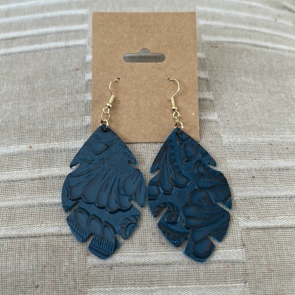 Blue Embossed Faux Leather Earrings